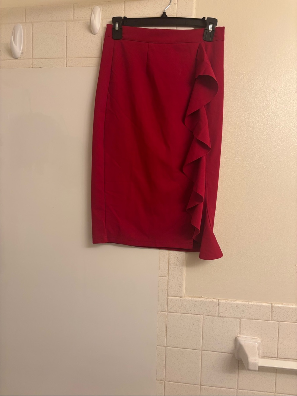 Grace Karin Red Pencil Skirt with Side Ruffle